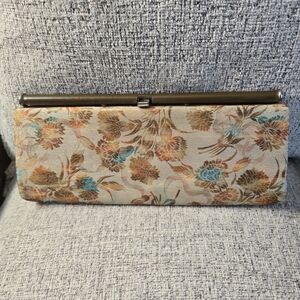 Floral Gold Brocade Satin Clutch Wallet in Cream and Teal 11" X 5" Vintage 60's